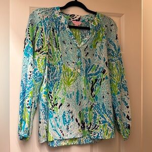 Lilly Pulitzer Elsa silk top - green and blue coral print